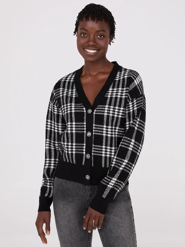 Plaid V-Neck Knit Cardigan Stretchy Elastic Breathable