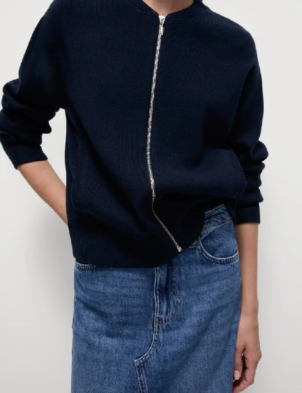 Knitted Textured Crew Neck Bomber Cardigan Oversized Loose Flowy