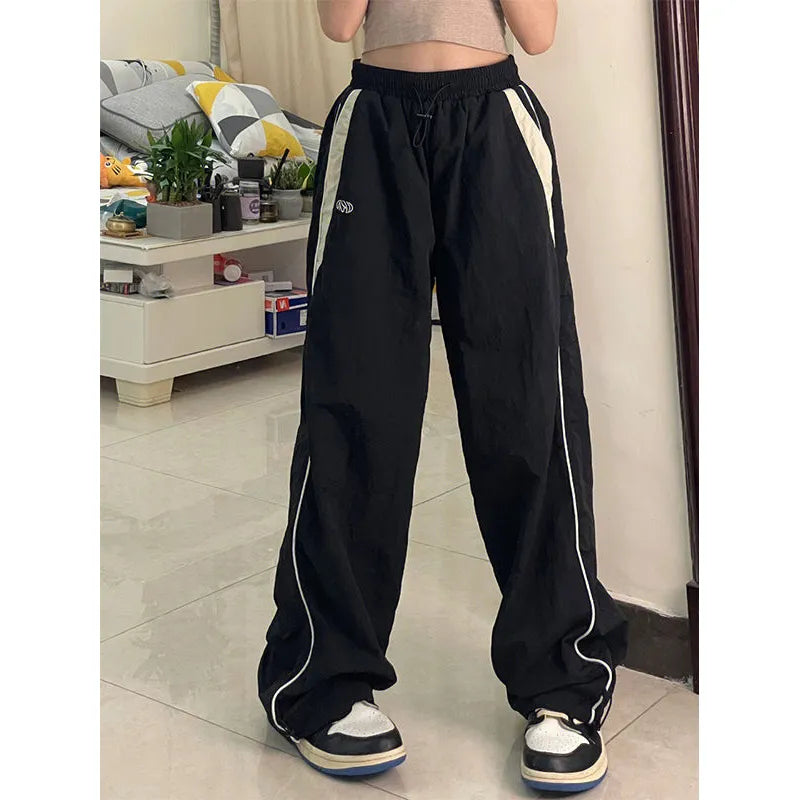 Women Spring Retro Solid Loose Drawstring Trousers Casual Joggers Baggy Wide Leg Sweatpants Mid Waist Sporty Y2k Female Clothes Trousers Harem Relaxed Fit