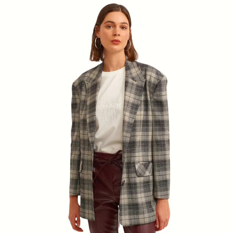 OXXO - Mixed Plaid detailed blazer jacket Denim Jacket Leather Jacket Suede Jacket