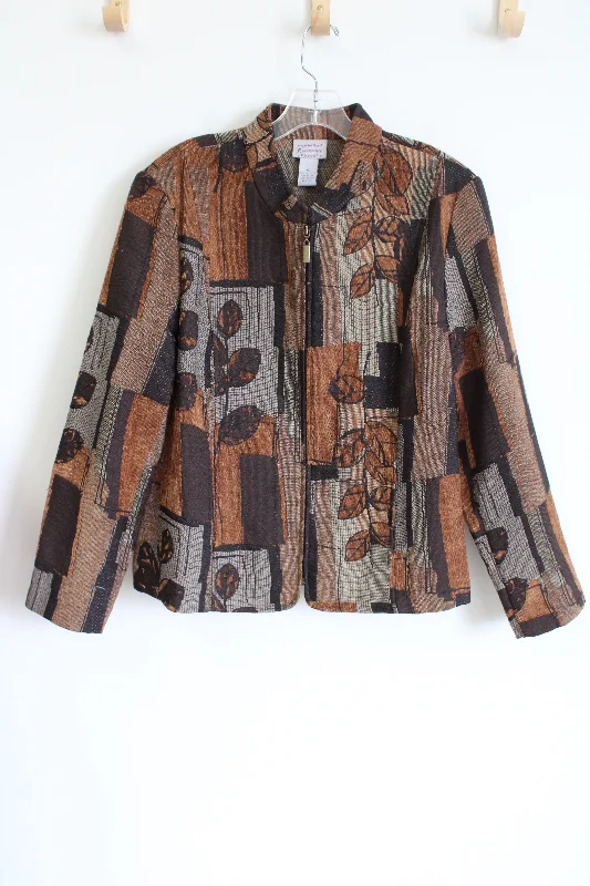 Renaissance Leaf Patterned Textured Brown Zip Up Jacket | XL Knit Jacket Woven Jacket Fleece Jacket