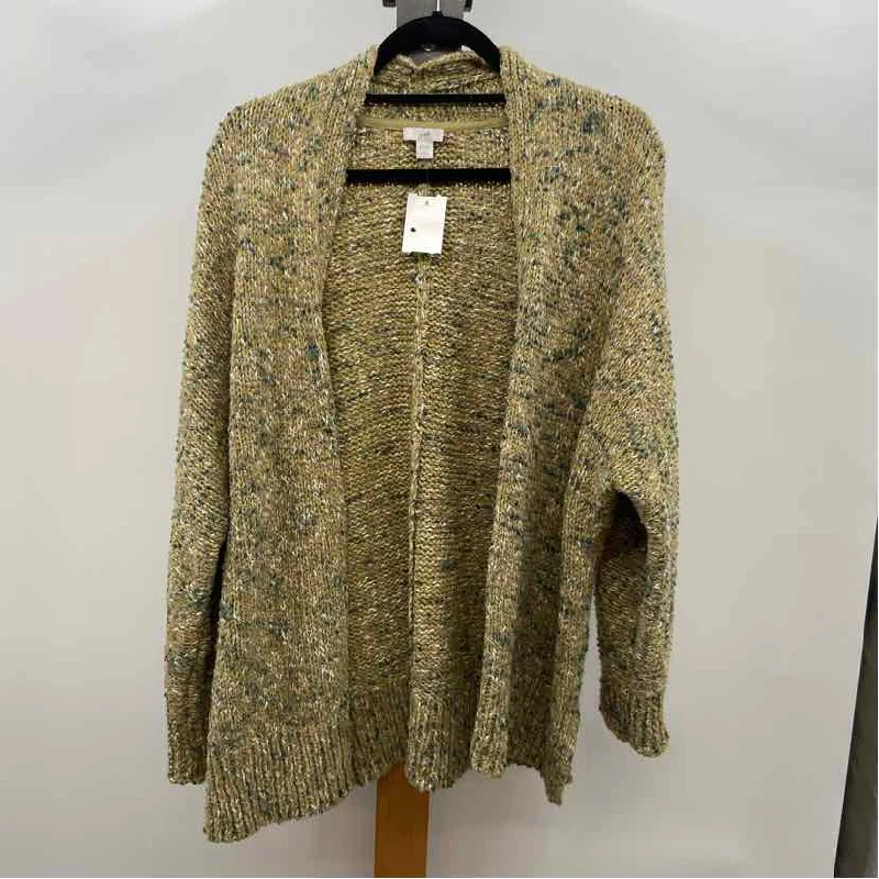 JJill Women's Size L Green Tweed Cardigan Zippered Buttoned Snapped