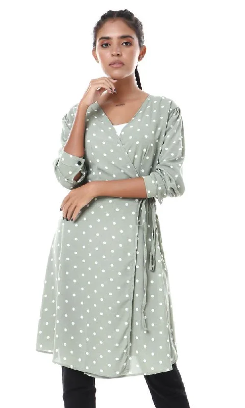 56535 Polka Dots Lace Up Cardigan - Dark Mint Front Pockets Side Pockets Patch Pockets