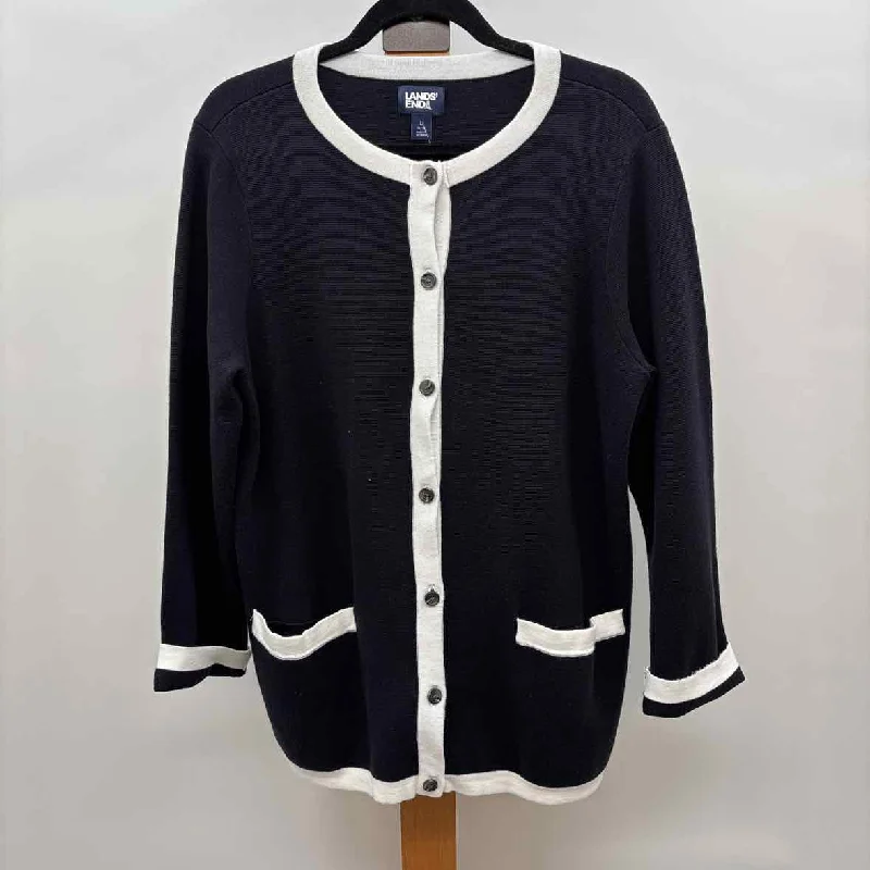 Lands End Women's Size L Navy Solid Cardigan Elasticated Padded Insulated