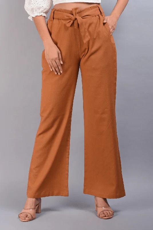 Brown Cotton Linen Wide Leg Trousers For Women Trousers luxurious high-end