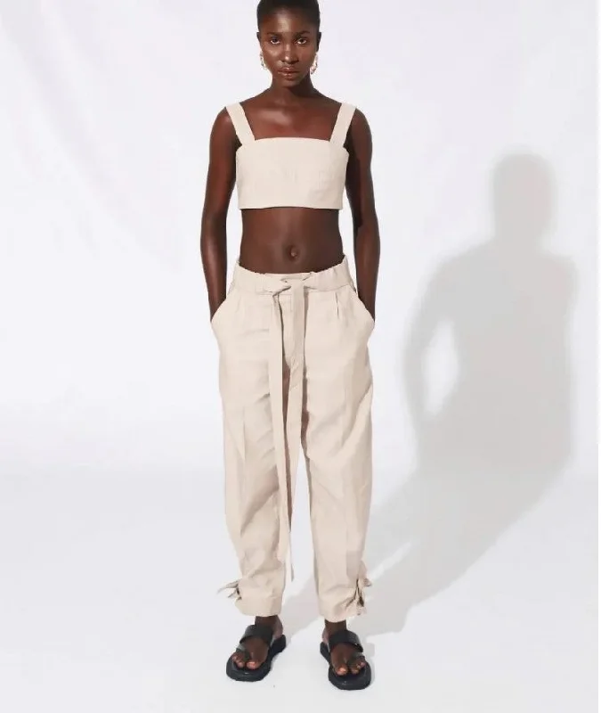 Ilda  Cut Out Cotton Pant - Beige Comfortable Denim Pants