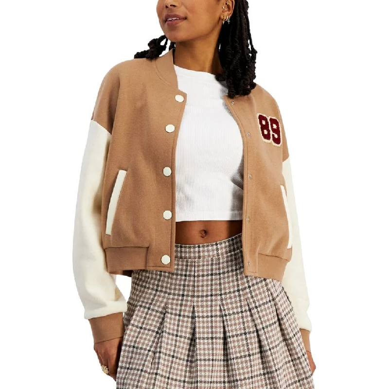 HIPPIE ROSE - Juniors' Varsity Bomber Jacket - Brown Combo One-Shoulder Jacket Off-the-Shoulder Jacket Asymmetrical Jacket