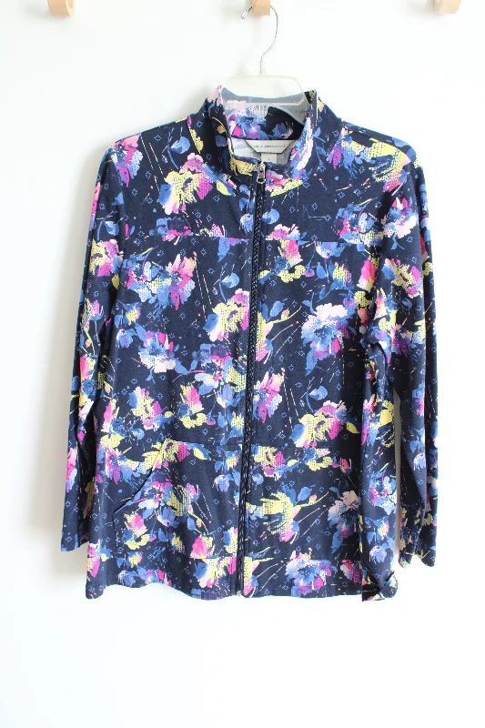 Christopher & Banks Blue Floral Cotton Zip Up Jacket | L Jersey Jacket Tulle Jacket Batik Jacket