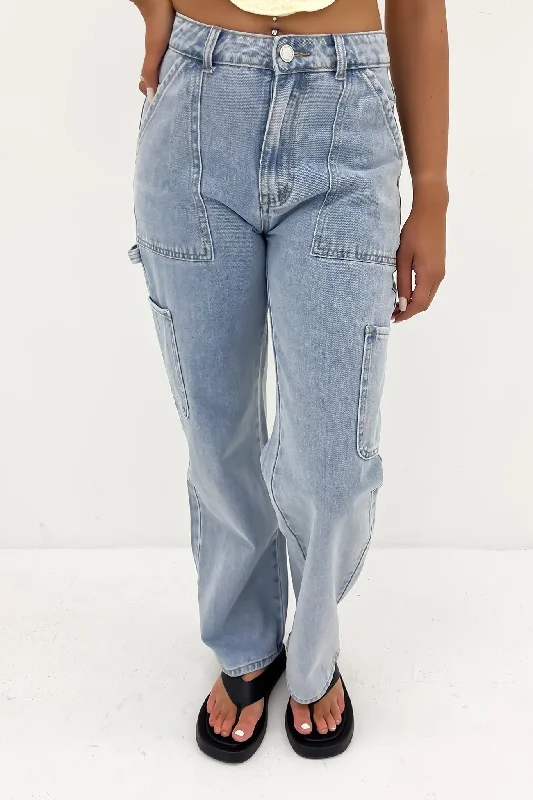 Ottie Denim Cargo Pant Mid Blue Cozy Fitted Pants