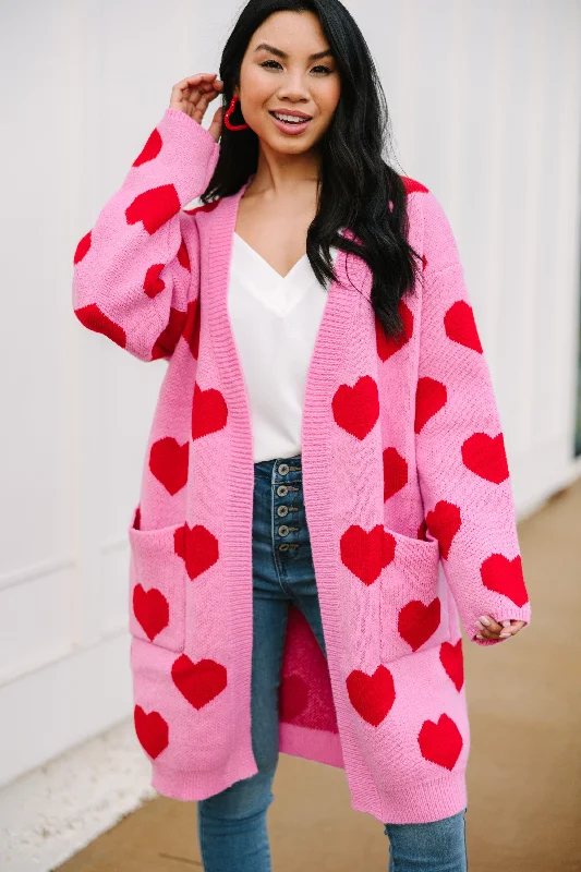 Looking At You Pink Heart Cardigan Knit Fabric Woven Fabric Fleece Fabric