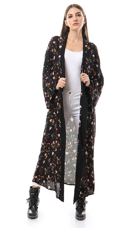 57713 Wide Sleeves Floral Black Long Cardigan Denim Fabric Leather Fabric Suede Fabric