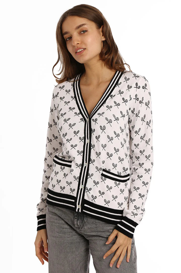 CASHMERE TENNIS PRINT WHITE CARDIGAN Machine Wash Dry Clean Hand Wash