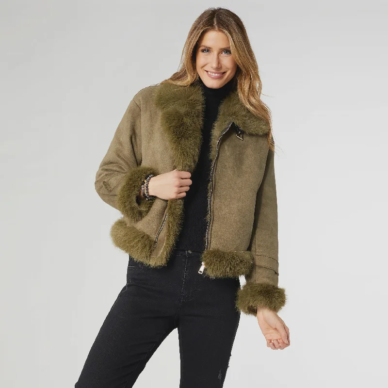 Dion Faux Fur Moto Jacket | Olive Front Pockets Side Pockets Patch Pockets