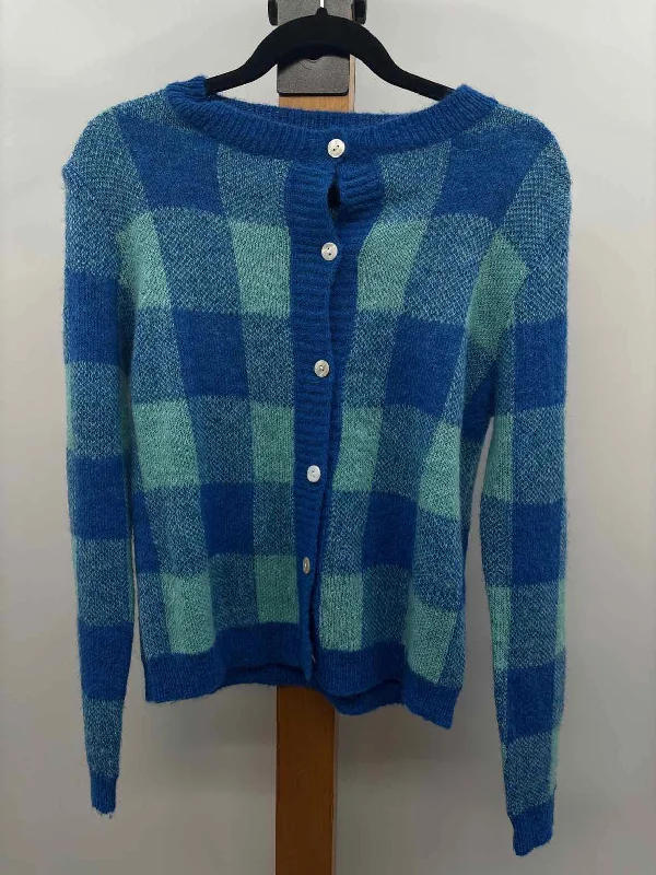 Love & Harmony Women's Size L Blue Checkered Cardigan Cable Knit Ribbed Knit Lace Knit