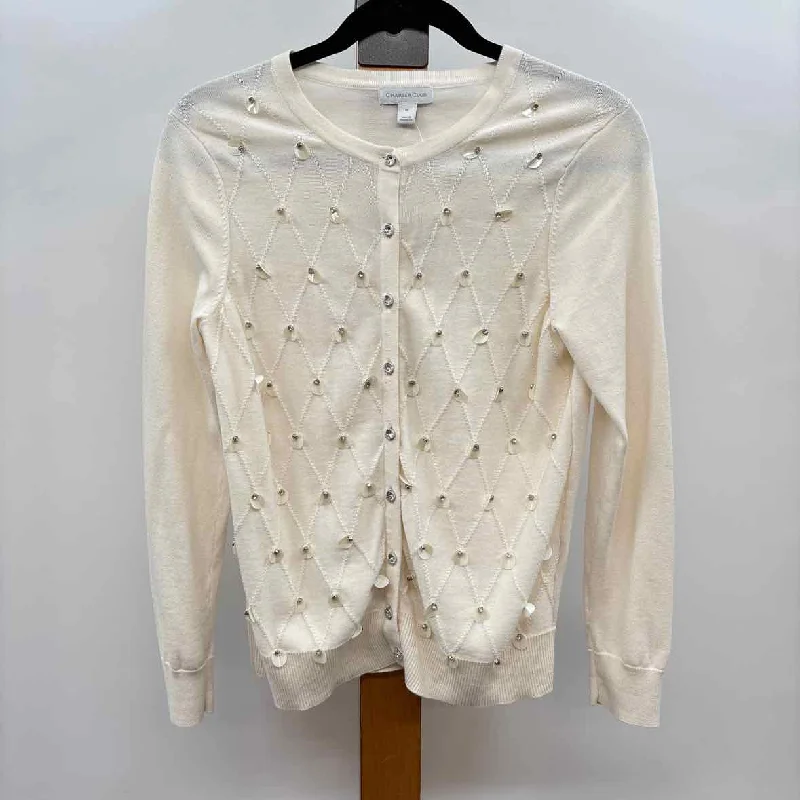 Charter Club Women's Size M Ivory Beaded Cardigan Cashmere Blend Cotton Blend Poly Blend