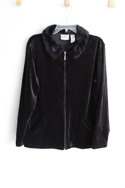 Russ Black Velvet Fur Collar Jacket | L 12/14 Rayon Fabric Velvet Fabric Corduroy Fabric