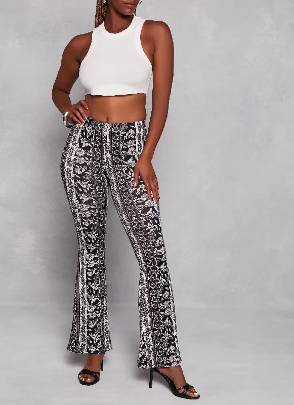 Paisley Border Print High Waist Flare Pants Sleek Black Pants