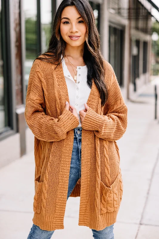 Cozy Crush Camel Brown Cable Knit Cardigan Houndstooth Herringbone Solid