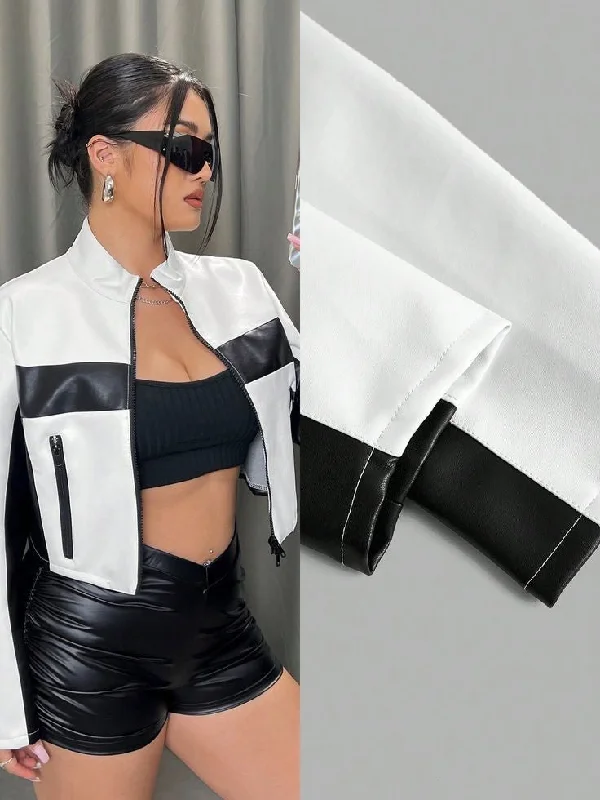 Stylish Black & White Vegan Leather Crop Racer Jacket For Women Quilted Jacket Puffer Jacket Insulated Jacket