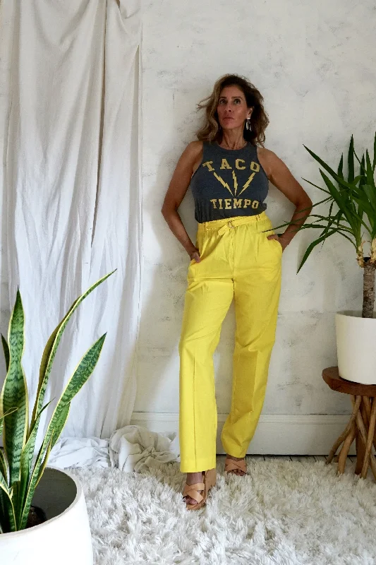 Vintage Canary Yellow Belted Pants High-Waist Jogger Pants