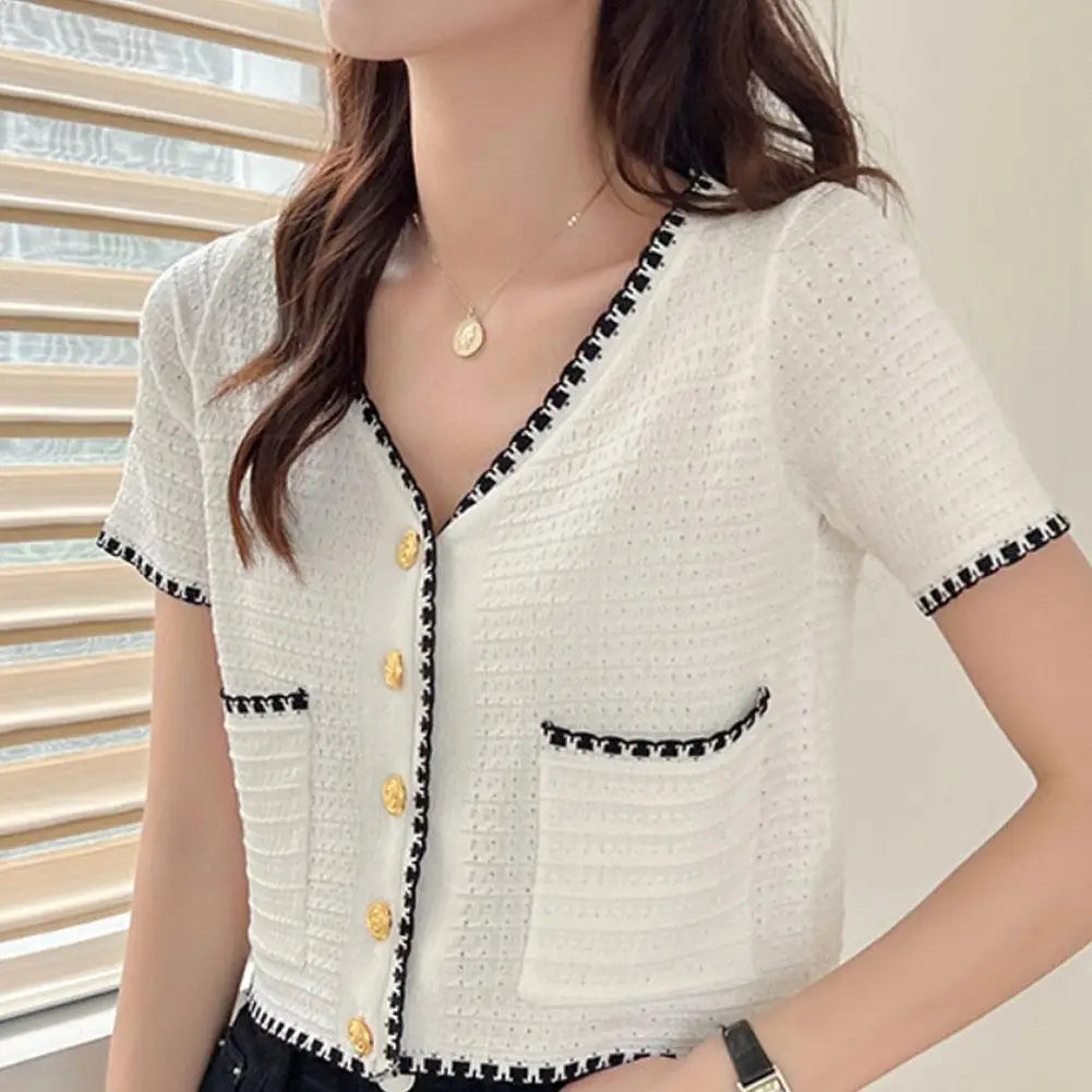 Women's V-neck T-Shirt Tops Small Fragrant Style Summer Short Sleeved Thin Knit Cardigan Elegant Slim-fit All-Match Striped Floral Plaid