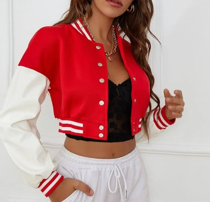 Red Oversized Crop Varsity Jacket For Women Elasticated Jacket Padded Jacket Insulated Jacket