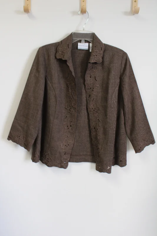 Alfred Dunner Brown Embroidered Light Jacket | 10 Petite Boat Neck Shawl Collar Notched Collar