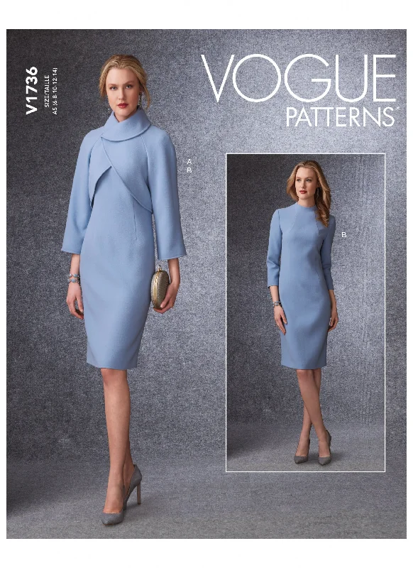 Vogue Pattern V1736 Misses' Lined Raglan-Sleeve Jacket and Funnel-Neck Dress V-Neck Jacket Boat Neck Jacket Square Neck Jacket