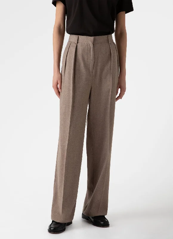 Women's Pleated Wool Flannel Trouser in Oatmeal Melange Trousers fashionable trendy