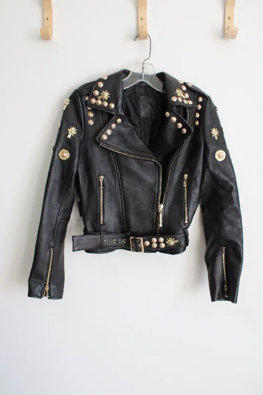 Philipp Plein Black Sheepskin Leather Gold Studded Moto Jacket | S Fitted Jacket Loose Jacket Oversized Jacket