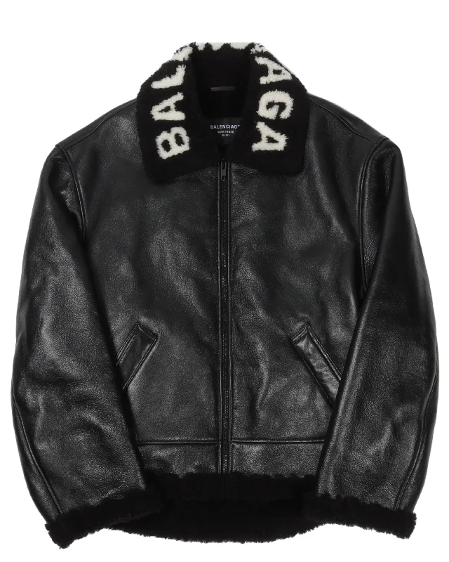 Collar-Logo Shearling Leather Jacket Hooded Jacket Caped Jacket Shawl Collar Jacket