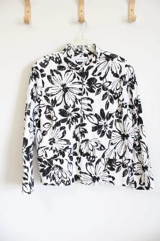 Alfred Dunner Black White Floral Jacket | 20 Notch Collar Jacket Peter Pan Collar Jacket Cowl Neck Jacket