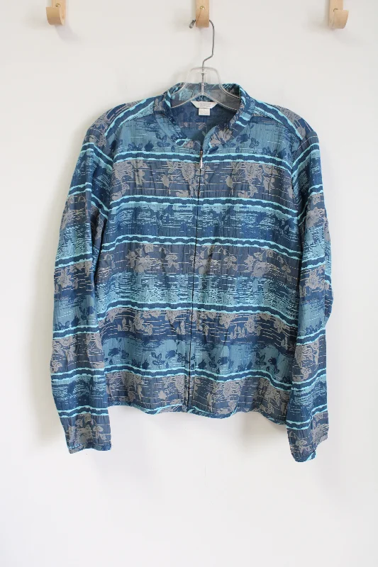 Christopher & Banks Blue Floral Striped Jacket | L Knit Jacket Woven Jacket Fleece Jacket