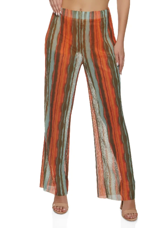 Mesh Plisse Printed Wide Leg Pants Elegant Trouser Pants