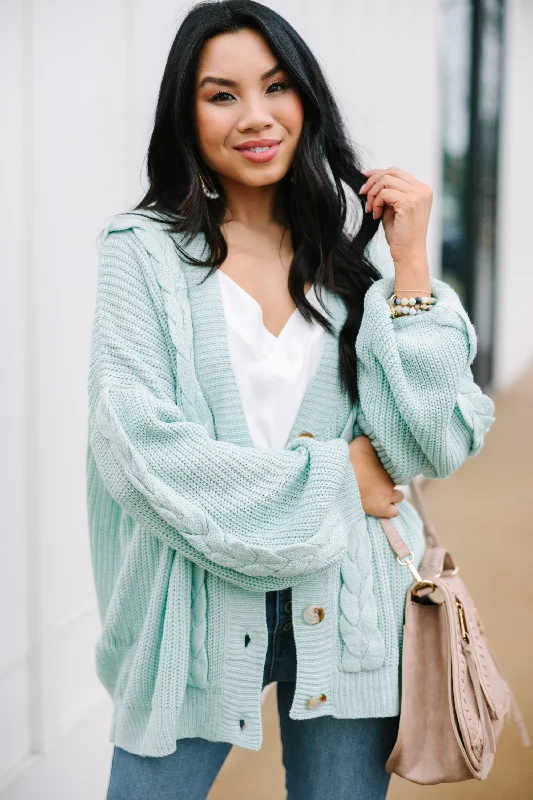 In Full Support Spring Mint Green Cable Knit Cardigan Open Front Closed Front Wrap Front