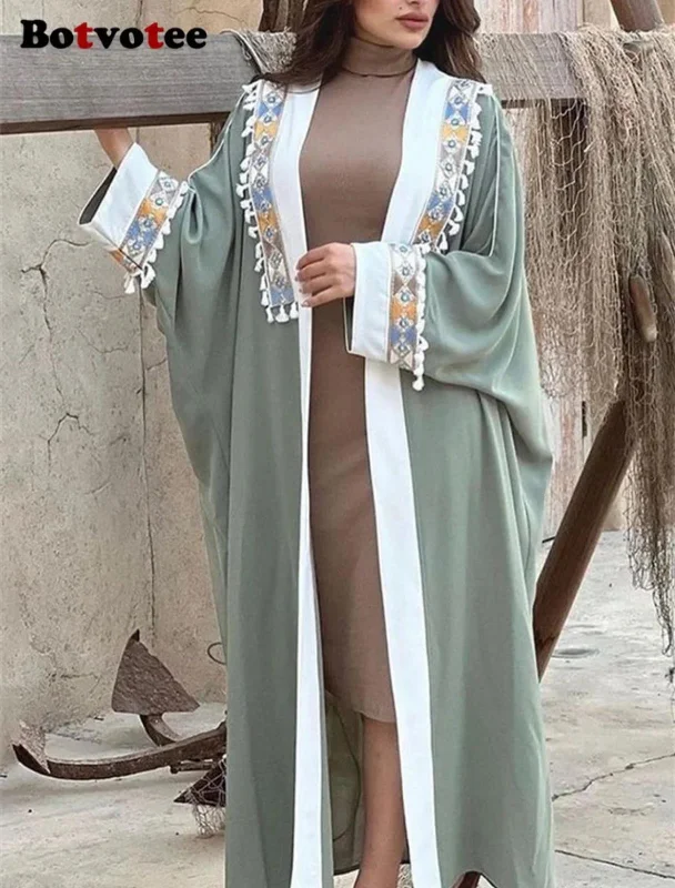 New Fashion Turkish Dubai Open Abaya Casual Cardigan Elegant Oversized Long Kaftan 2XL B-58015 Notch Collar Peter Pan Collar Cowl Neck