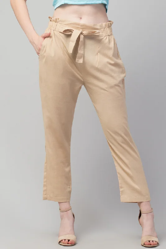 Women Cream Cotton Linen Ankle Length Trousers With Pocket and Belt Trousers practical easy-care