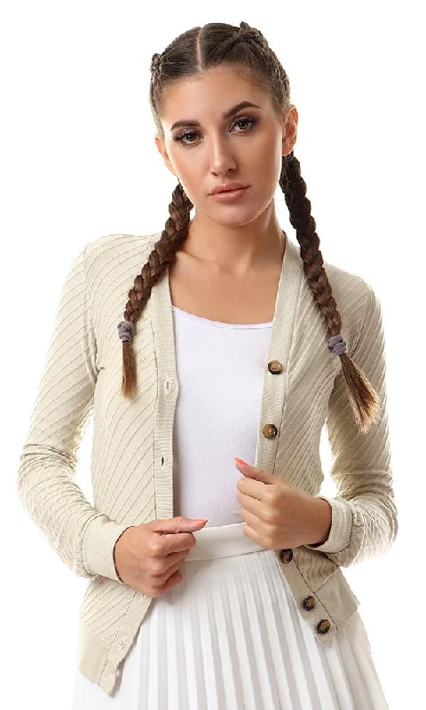 57766 Self Striped Buttoned Light Khaki Cardigan With Hem Wool Fabric Cashmere Fabric Tweed Fabric