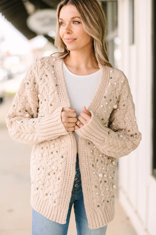 Best Of Both Worlds Oatmeal Brown Embellished Cardigan Terry Blend Velvet Blend Canvas Blend