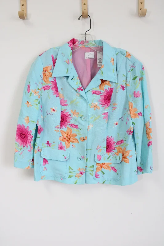 Emma James Liz Claiborne Linen Blend Blue Floral Light Jacket | 16 Trench Coat Raincoat Waterproof Jacket