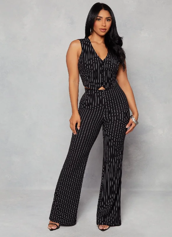 Pinstripe High Waist Wide Leg Pants Formal Stretch Pants