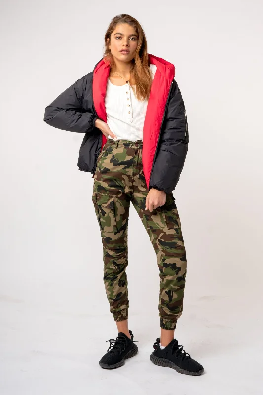 Oversized Down Jacket - Black/Red Welt Pockets Slit Pockets Flap Pockets