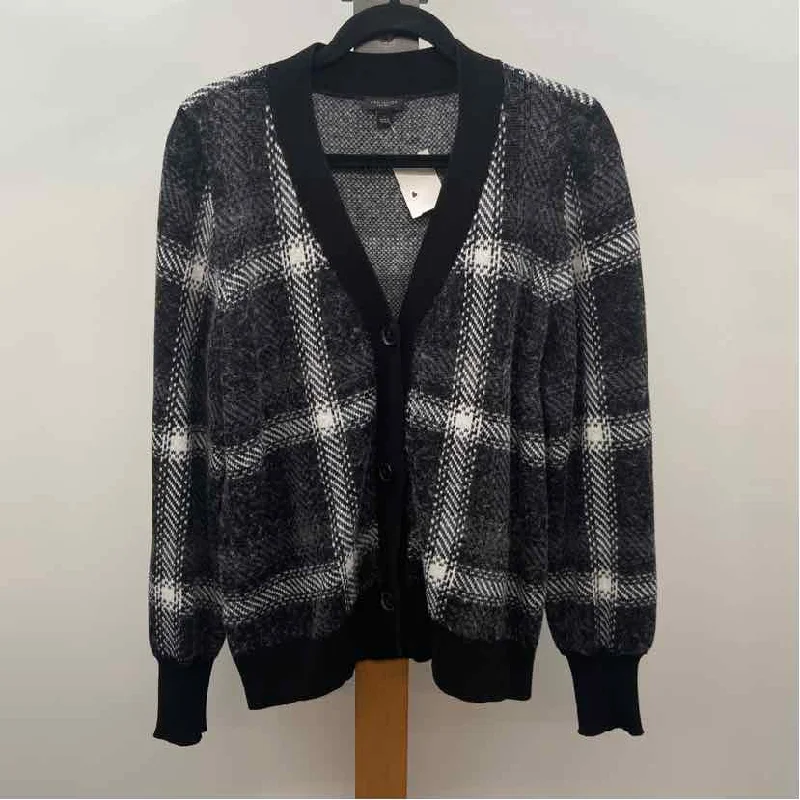 Ann Taylor Women's Size L Charcoal Plaid Cardigan Houndstooth Herringbone Solid