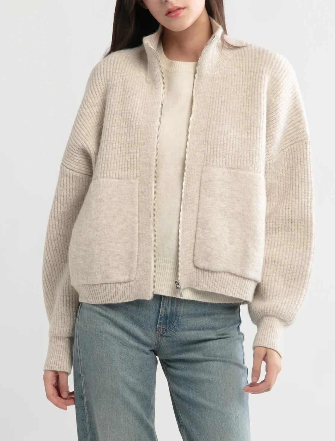 Bomber Zip Cardigan in Beige Beaded Cardigan Sequined Faux Fur