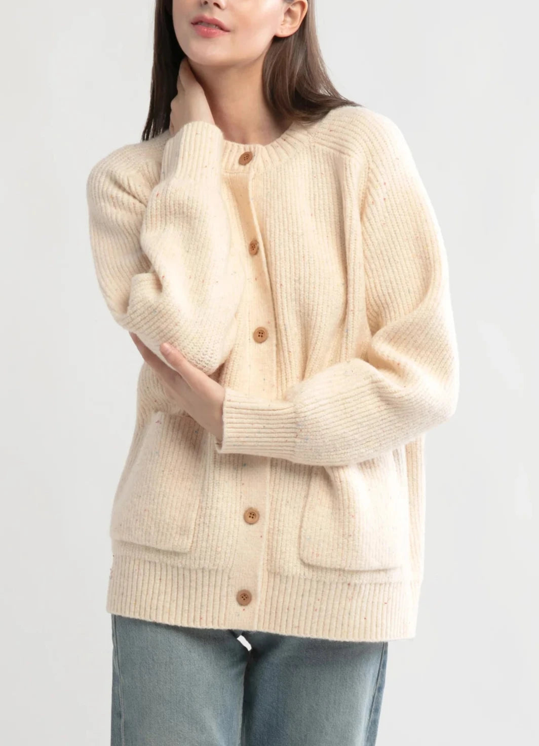 Confetti Chunky Cardigan in Beige Real Fur Shearling Chenille