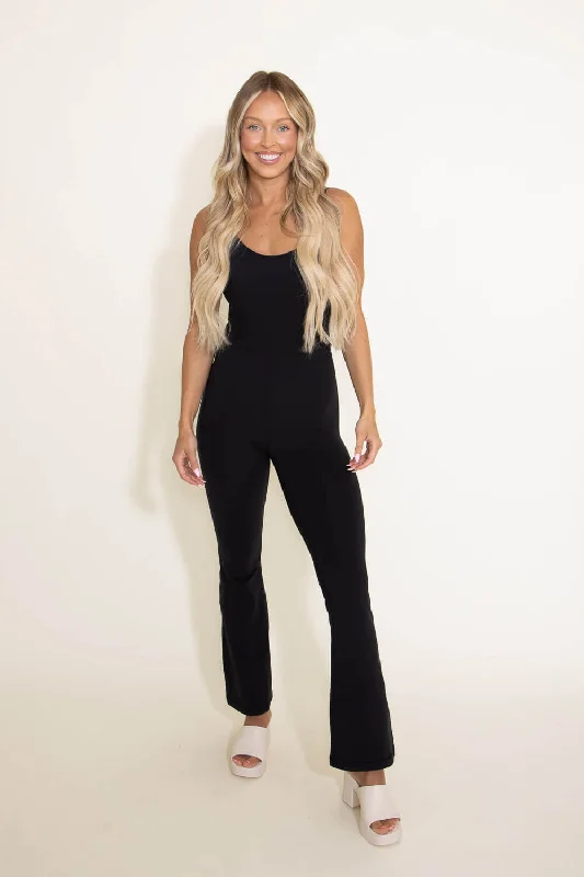 Mono B Flare Sleeveless Long Catsuit (Bodysuit) for Women in Black | APBR0938 Trendy Seamless Bodysuit for Comfort