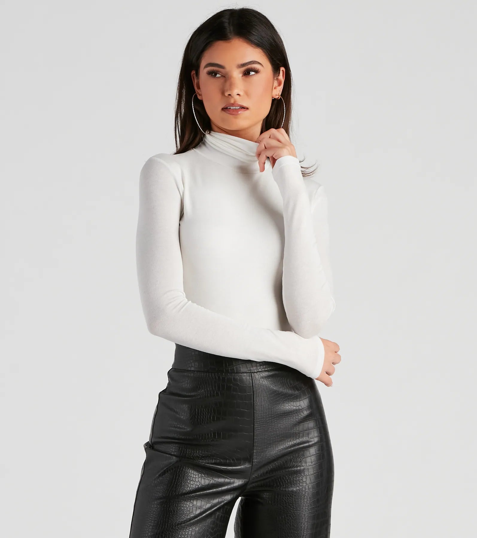 Basic Long Sleeve Crepe Turtleneck Bodysuit Cozy Cotton Bodysuit