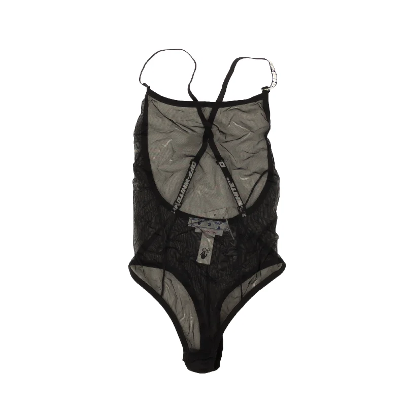 Black Logo Strap Mesh Bodysuit Elegant Bodysuit with Bow Detail