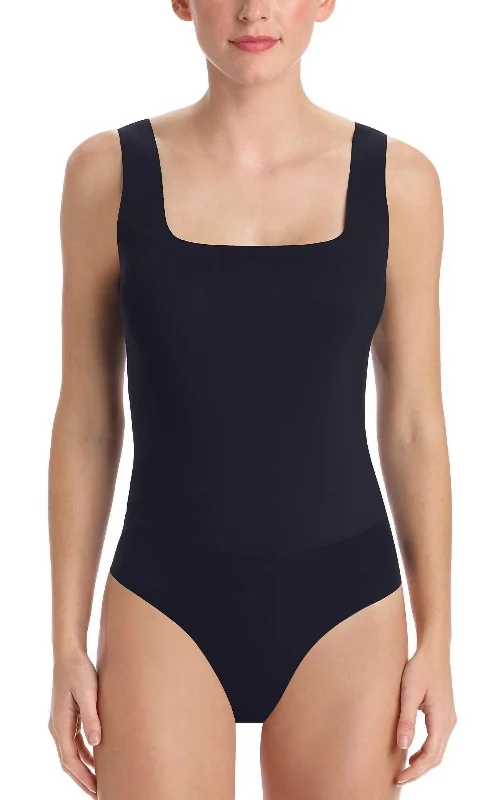 Bonded Square Neck Bodysuit In Black Comfortable Bodysuit with Deep V