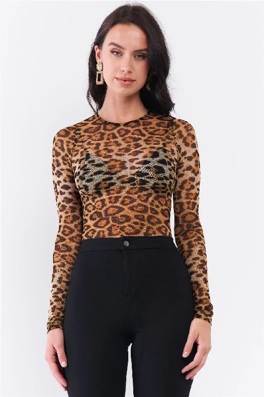 Brown Leopard Print Sheer Mesh Crew Neck Long Sleeve Bodysuit Stylish Faux Leather Bodysuit